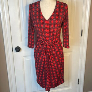 Karen Kane Womens Dress L/8 Red V Neck Long Sleeve Argyle Stretch Classic Poly